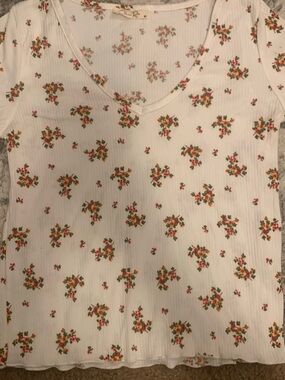 Olivia Rae White Ribbed Tee with Pink and Orange Floral Sprigs
